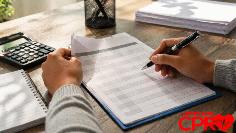 Person filling out a form for CPR certification in Arlington, Texas.