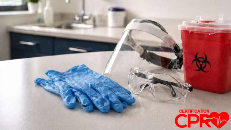 CPR training supplies including gloves, goggles, and biohazard container in Arlington.